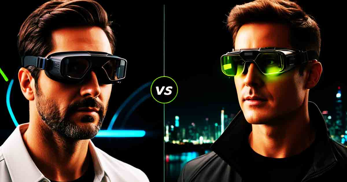 Split image: On one side, show a bulky traditional night vision goggle, and on the other, a sleek pair of futuristic glasses. Include a glowing effect around the OLED device to symbolize its efficiency and innovation. new efficient night vision technology